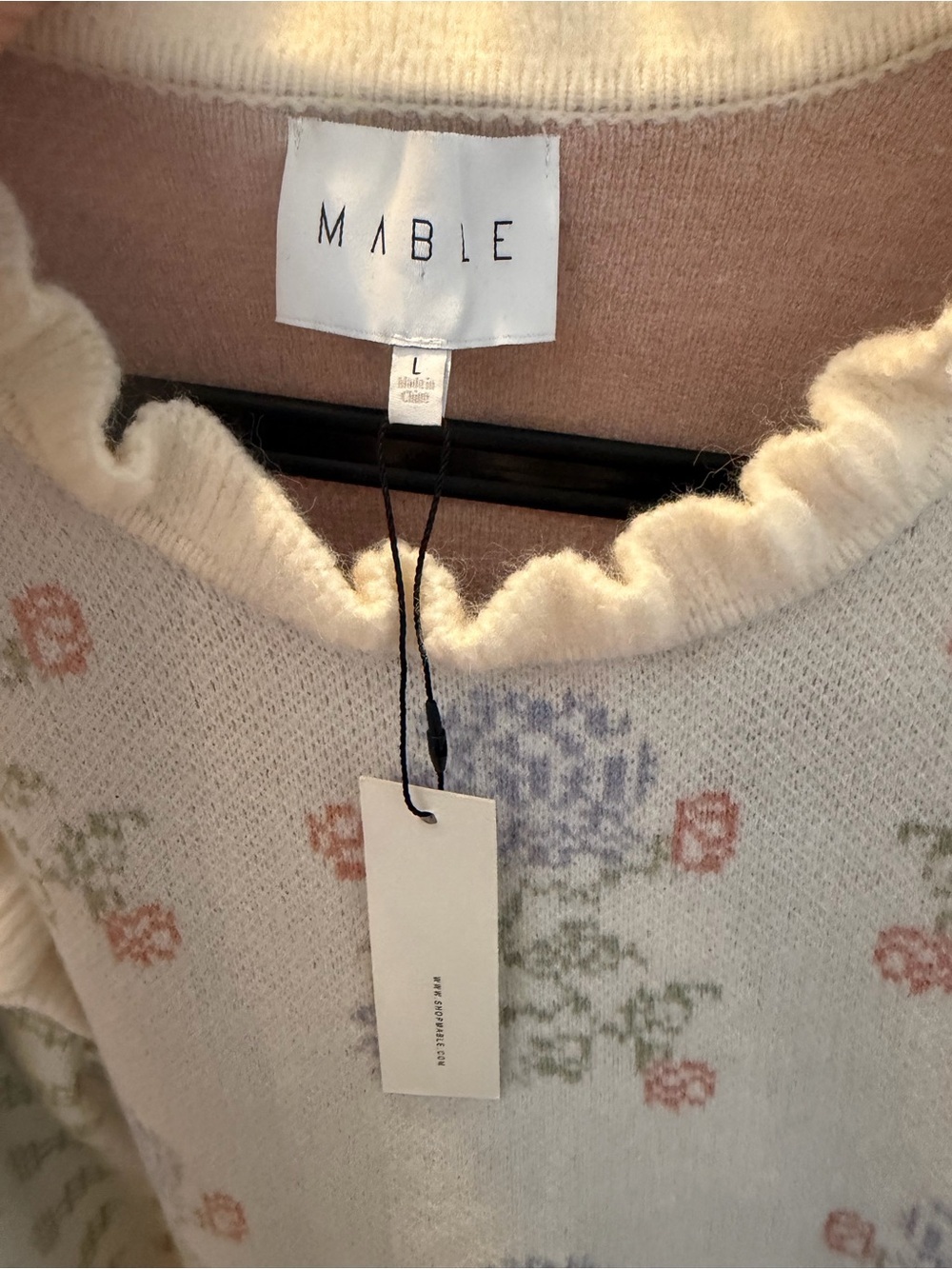 Mable Cream Floral Knit Mini Skirt / Sweater Set with Ruffle Hem Size Large - Picture 6 of 6